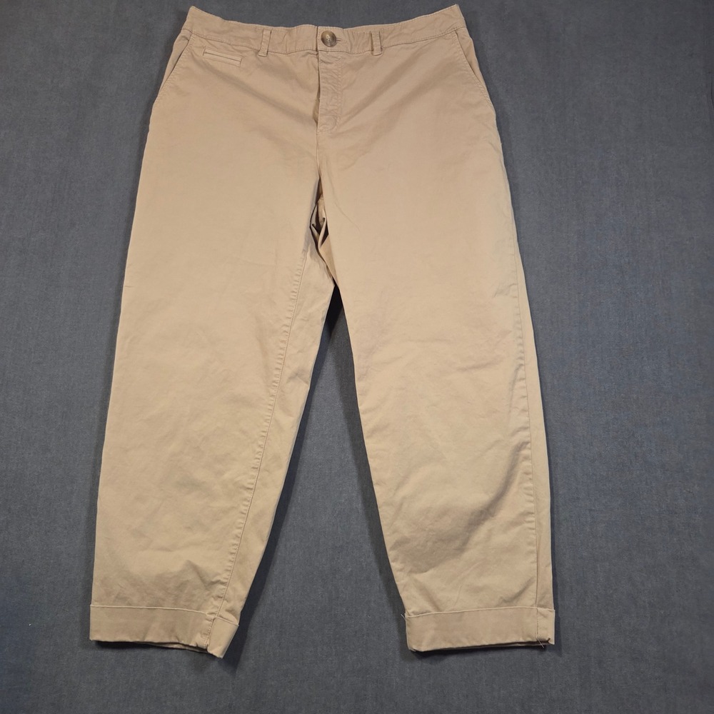Zara Chino Pants Women 12 Tan Beige High Rise Tapered Leg Cuffed Hem Stretch